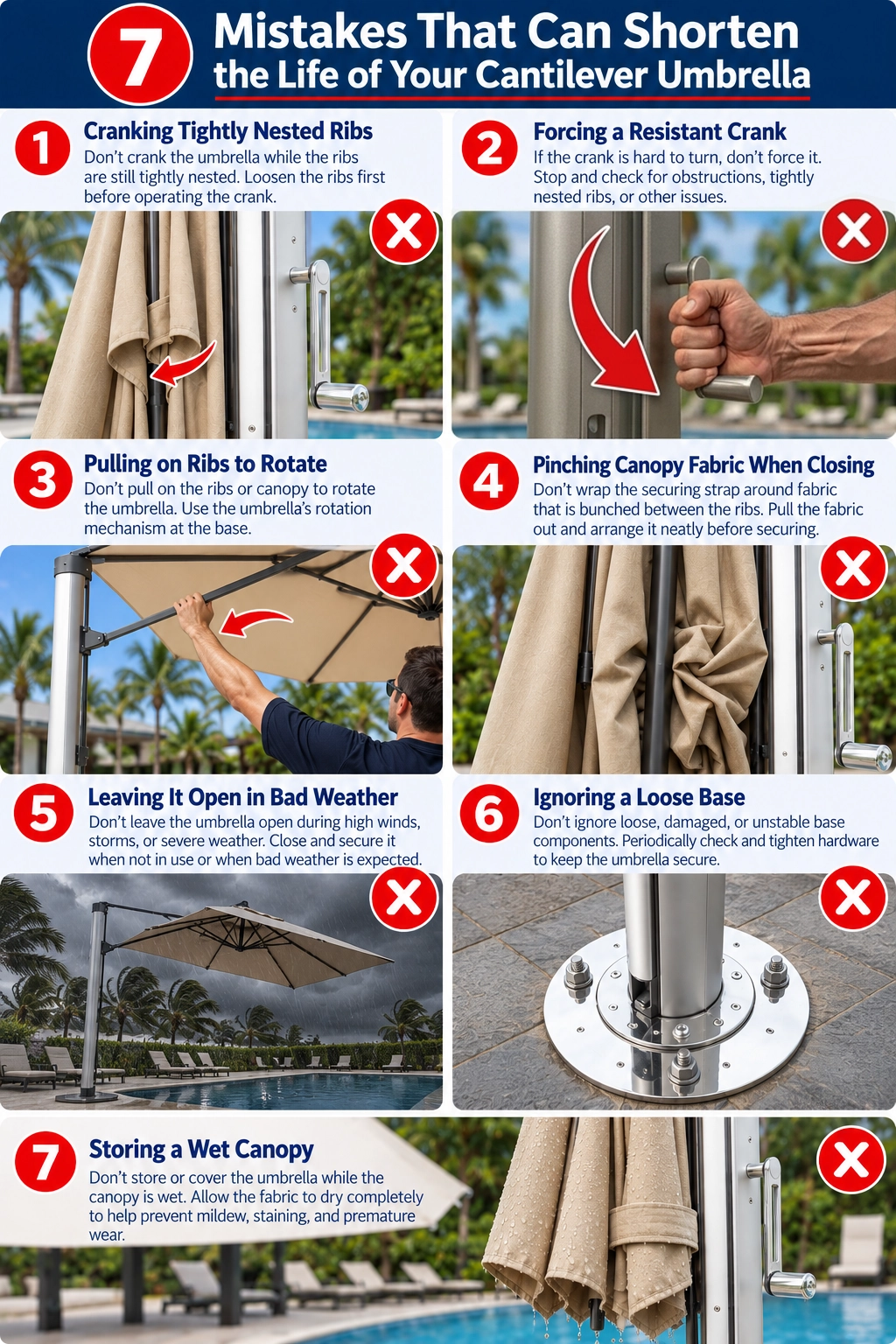 Seven mistakes that can shorten the life of a commercial cantilever umbrella, including forcing the crank, pinching canopy fabric, leaving it open in bad weather, ignoring a loose base, and storing a wet canopy.